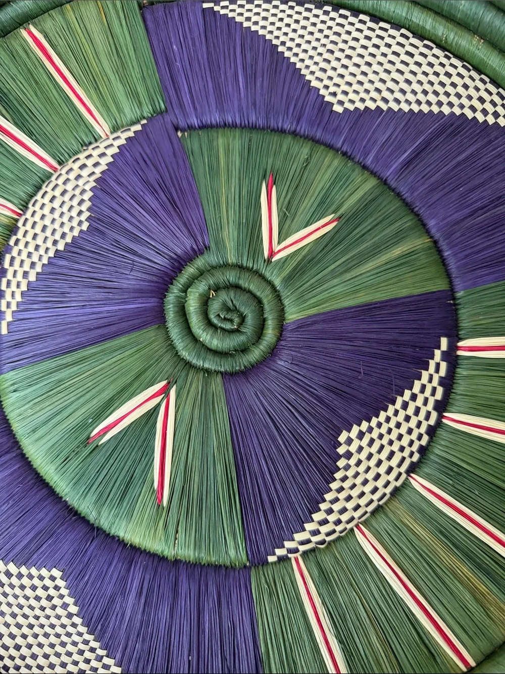 Handwoven Decorative Wall Basket in Green & Purple (14” Diameter)